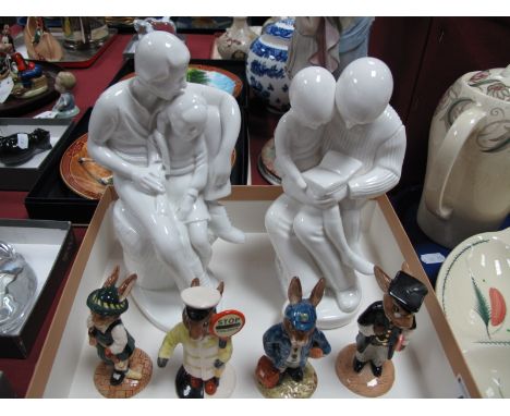 Spode Pauline Shone White China Figurines, including 'Story Time' (cracked) and Daddy's Girl, four Doulton Bunnykins figures 