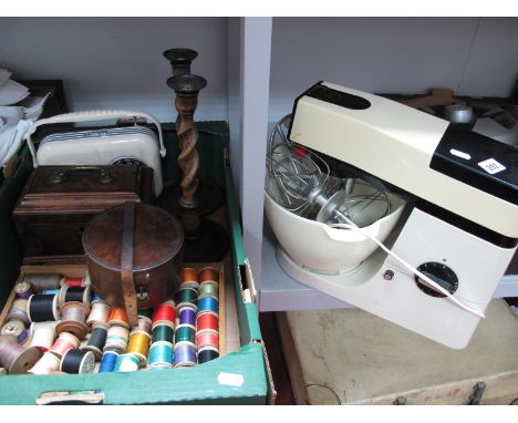 A XIX Century Mahogany Tea Caddy, collar box, cottons, radio, candlesticks:- One Box and a Kenwood Chef mixer (untested sold 