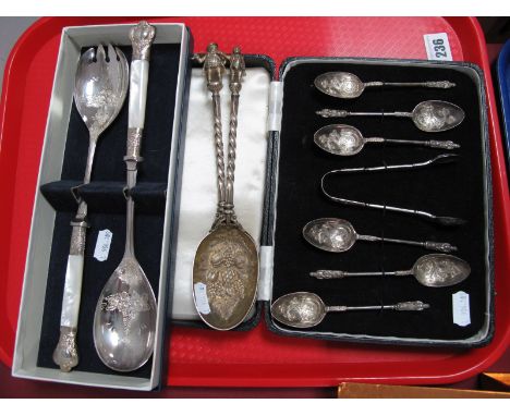 A Decorative Set of Hallmarked Silver Apostle Teaspoons, with matching tongs, in original fitted case, together with a decora