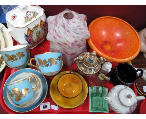 Royal Lancaster Bowl, (cracked), 1920's mottled ceiling light, black glass basket, etc:- One Tray