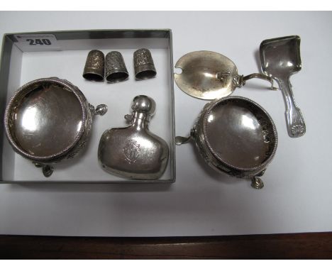 A Pair of XIX Century Silver Salts, (damaged), three silver thimbles, XIX Century silver hallmarked caddy spoon.
