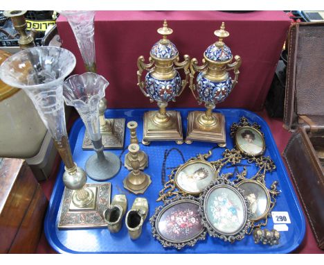 A Pair of Gilded Brass and Enamel Vases, a pair of epergnes with trumpet glass lines, etc, miniatures in gilded brass frames,