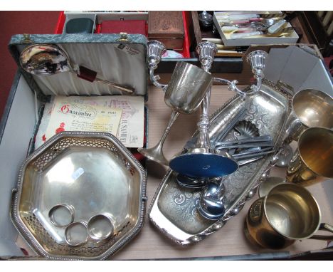 Hallmarked Silver Napkin Rings, swing handled plated dishes, goblets, cased spoons, candelabrum etc.