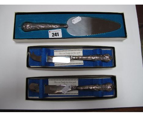 A Hallmarked Silver Handled Cake Slice, in original box; together with a hallmarked silver handled cheese knife and butter sp