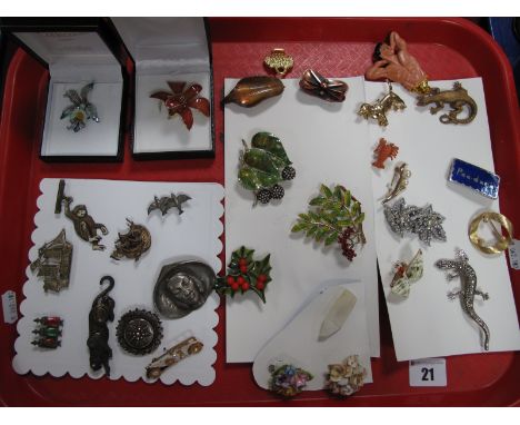 A Collection of Assorted Costume Brooches, including hanging monkey, salamander, berries and leaves, ceramic flowers, etc:- O