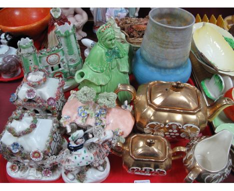 Staffordshire Figure, Pastille Border Houses, little old lady teapot, Sadler, Beswick, etc:- One Tray 