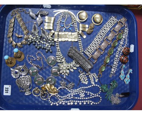 Vintage Costume Jewellery, including diamente necklaces and bracelets, Trifari and other clip earrings, large owl pendant, et
