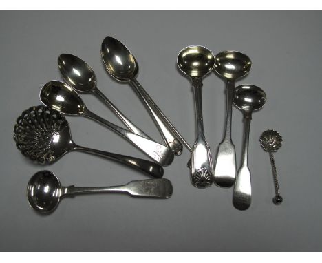 A Barber, Cattle & North Part Hallmarked Silver Mustard Spoon, Scottish, Exeter and other hallmarked silver salt spoons, etc,