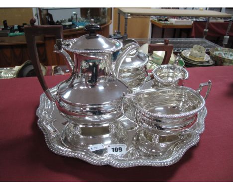 A Walker & Hall Four Piece Plated Tea Service, with gadrooned rims and similar tray.