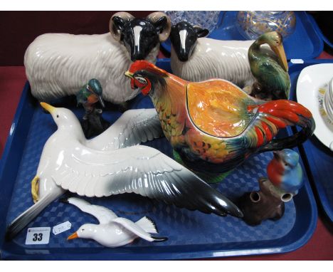 Bretby Seagull, rooster teapot, other animal figures:- One Tray