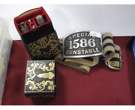 Ladies Etui, with scent phial, thimble, card, etc; in tooled Morocco 'Lady's Companion' case, Special Constable arm belt. (2)