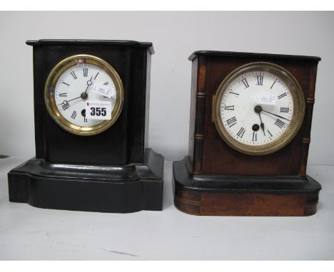 A XIX Century Ebonised Mantel Clock, with enamel dial, Roman numerals, plinth base; together with one other similar XIX Centu
