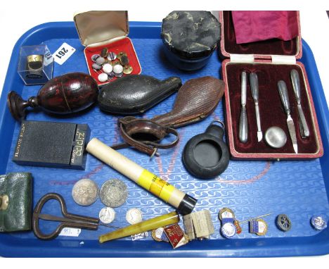 Pipes, silver manicure implements, studs, Zippo lighter, coins, badges, etc:- One Tray