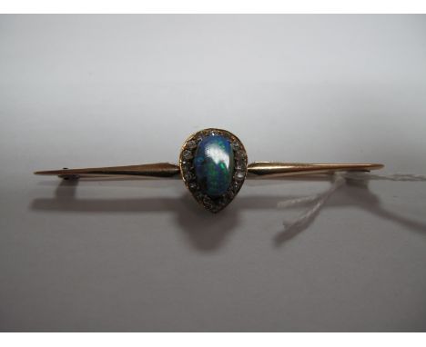 An Opal and Diamond Set Bar Brooch, the oval opal in matrix claw set within pear shape border of old and single cut diamonds,