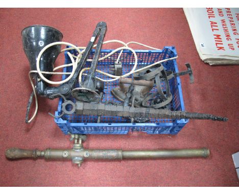 An Angle Poise Lamp, reclaimed bolts sculpture, florists friend syringe, other metal ware.
