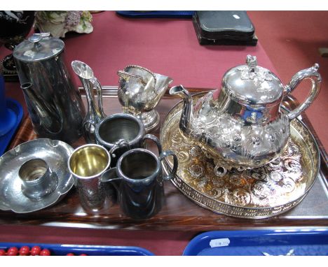 A Plated Teapot, hotel hot water jug, sugar helmet, etc:- One Tray