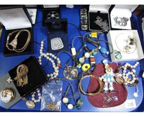 Assorted Costume Brooches, bangle, novelty necklaces, large vintage clown pendant, etc:- One Tray