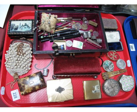 Rectangular Trinket Box, with pin cushion top, on ball feet, vintage Stratton powder compacts, trinket pots, ladies evening b