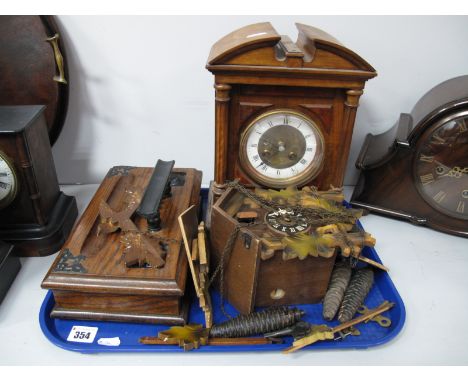 A Mantel Clock, with Japy Freres movement, cuckoo clock, oak desk stand.