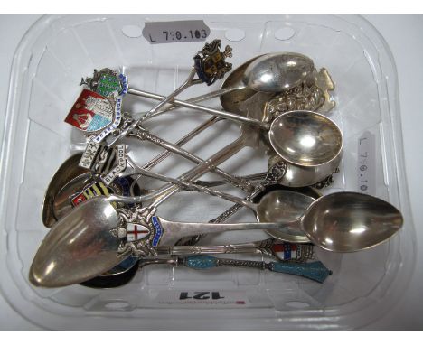 A Collection of Assorted Souvenir Teaspoons, including David Andersen, turquoise enamel demitasse spoon, etc.