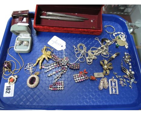Costume Brooches, pendants, hallmarked silver engine turned pen, another stamped "925", "925" pendants, etc:- One Tray