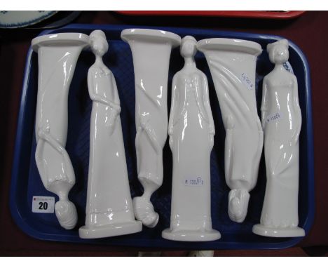 Spode Pauline Shone White China Figurines, including 'Henrietta', 'Diana', 'Prescilla', Georgina', Victoria, and 'Emma'. (6)