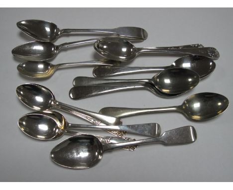 A Pair of Newcastle Part Hallmarked Silver Fiddle Pattern Teaspoons; together with further hallmarked silver and other teaspo