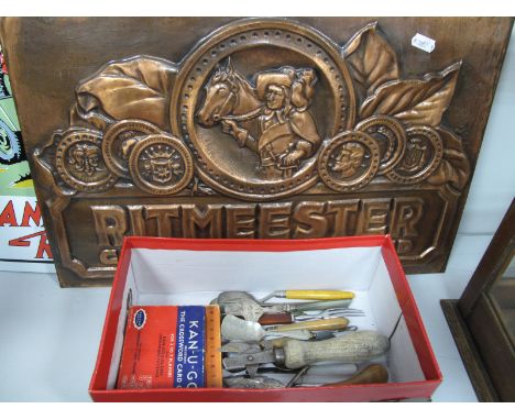 A Melrose's Tea Caddy Spoon, can opener, utensils, etc:- One Box plus Ritmeester cigars sign.