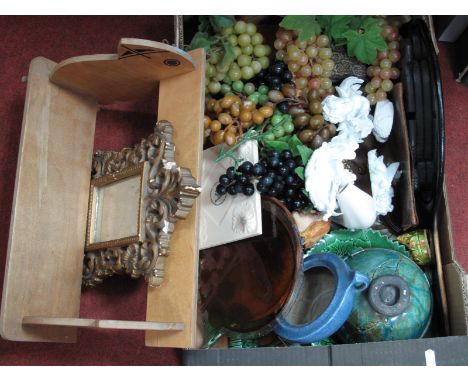 A Wooden Book Trough, with bird ends, faux fruit, mirror, cherub wall hangings, etc:- One Box