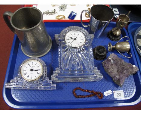 Two Silver Trophy Cups, 7.5cm high, mineral specimen, Waterford and Widdop clocks, Dixon's musical tankard, etc:- One Tray