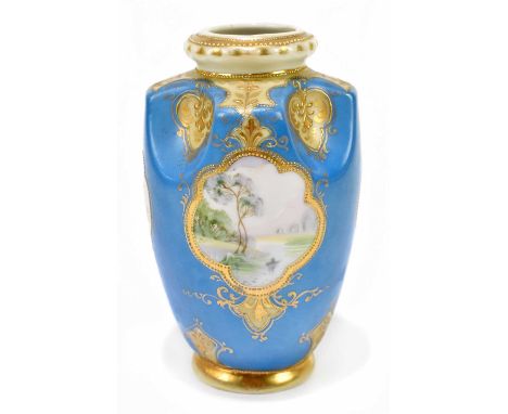 NORITAKE; a hand painted and gilt decorated vase with pinched rim, decorated with landscape scene, height 16cm.Light wear to 