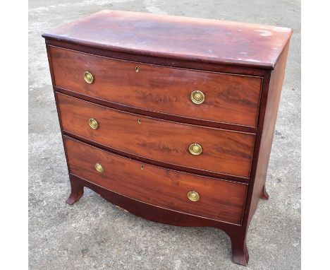 A 19th century mahogany bowfronted chest of three long drawers on splayed bracket feet, width 95cm.