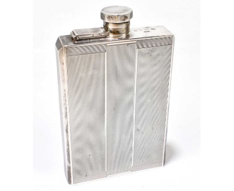 CHARLES S GREEN &amp; CO; a George V hallmarked silver Art Deco hip flask of rectangular form with octagonal hinged cap and e