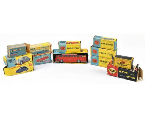 CORGI; five boxed diecast model vehicles comprising 300 Austin Healy sports car, 205 Riley Pathfinder Saloon, 419 Ford Zephyr