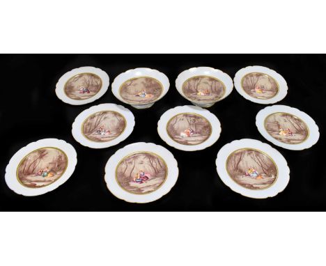 A 19th century Continental porcelain ten piece dessert service, each with hand painted central panel depicting a couple in la