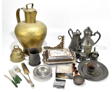 A quantity of assorted metalware including large brass jug, bell with bracket, various pieces including Hugh Wallis hammered 