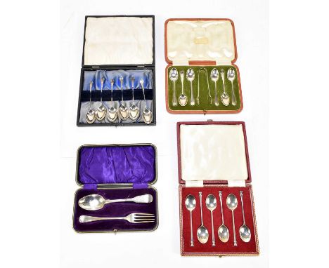A cased set of six modern hallmarked silver coffee spoons, Sheffield 1992, with a further set of six teaspoons, a cased set o