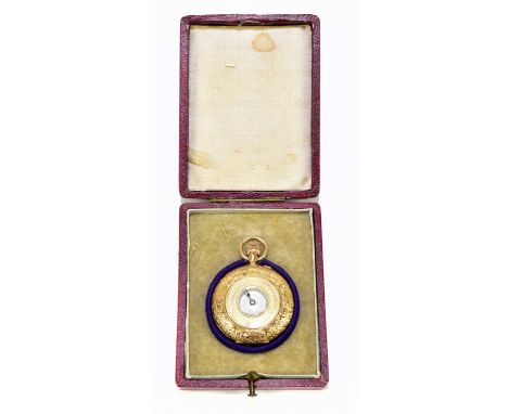 A 15ct yellow gold crown wind half hunter fob watch, the enamel dial set with Roman numerals, diameter 35mm, approx weight 31