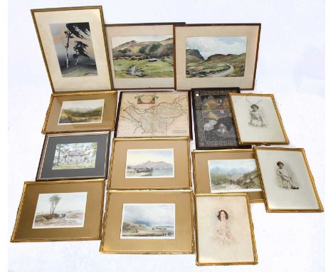 A quantity of assorted pictures and prints including a set of four gilt framed mezzotint engravings, Morden map of Cheshire, 