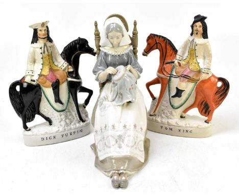 LLADRO; a figure of a embroiderer seated in chair, height 28cm, with a pair of Staffordshire figure groups of Tom King and Di