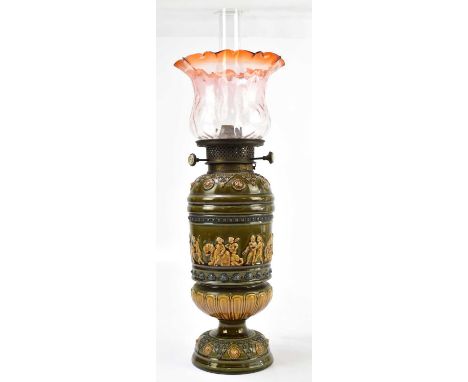 DOULTON LAMBETH; an impressive late 19th century Artware oil lamp, with cranberry and clear glass shade above the Jones &amp;