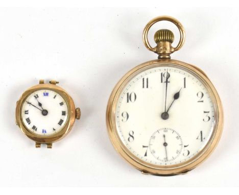 A 9ct gold crown wind pocket watch, the enamel dial with Arabic numerals and subsidiary seconds, diameter 4.75cm, gross weigh