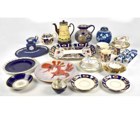 A collection of assorted ceramics to include a KPM dish with jewelled decoration, diameter 13.5cm, Wedgwood jasperware desk s
