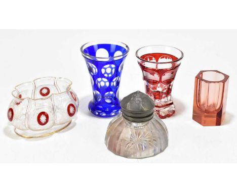 MOSER; a contemporary hexagonal glass vase in ruby, height 9.5cm, and a 19th century Bohemian glass bowl of lobed form, width