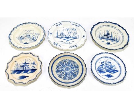 Six 18th century Creamware plates to include feather edge examples, one decorated with a variant of the 'Willow' scene, diame