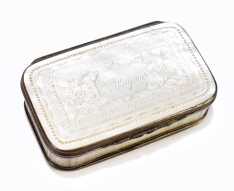A 19th century white metal mounted mother of pearl snuff box of shaped rectangular, with chased floral detail, inscribed 'Mrs