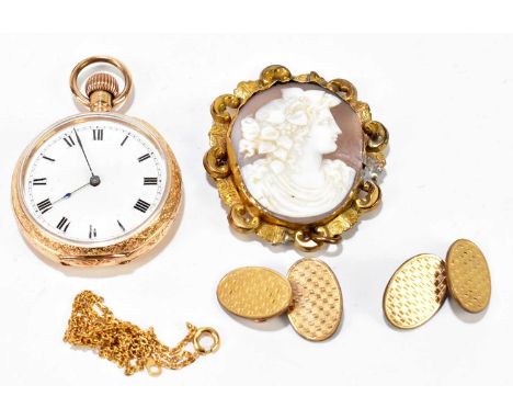 DENNISON; a gold plated crown wind fob watch, the enamel dial set with Roman numerals, diameter 40mm, together with a pair of