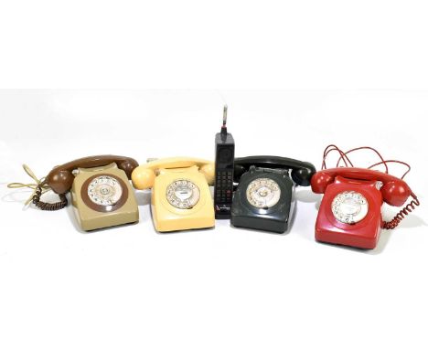 Four rotary dial telehones, and a vintage Motorola 8500X mobile phone (5).