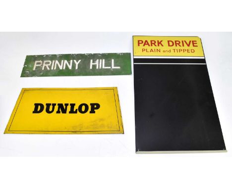  PARK DRIVE PLAIN & TIPPED; an advertising tin sign, approx 67 x 41cm, together with a Dunlop folding tyre stand and further 