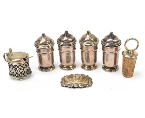 VINERS LTD; four silver condiments, 1933, with a hallmarked silver mustard with blue glass liner, a modern whisky decanter la